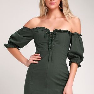 Lulus See Ya Later Dark Olive Green Off-the-Shoulder Lace-Up Flirty Mini Dress